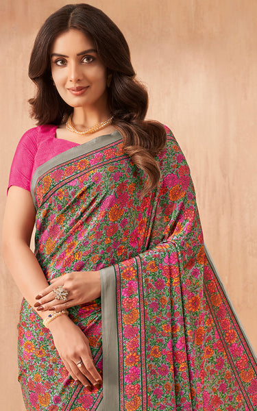 Flower Multi-Coloured Printed, Pure Italian Crape Saree (Pink)