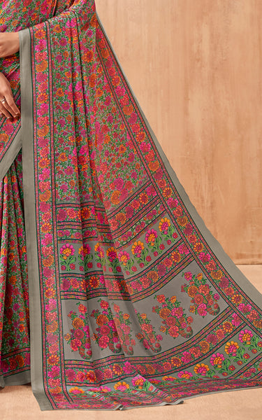 Flower Multi-Coloured Printed, Pure Italian Crape Saree (Pink)