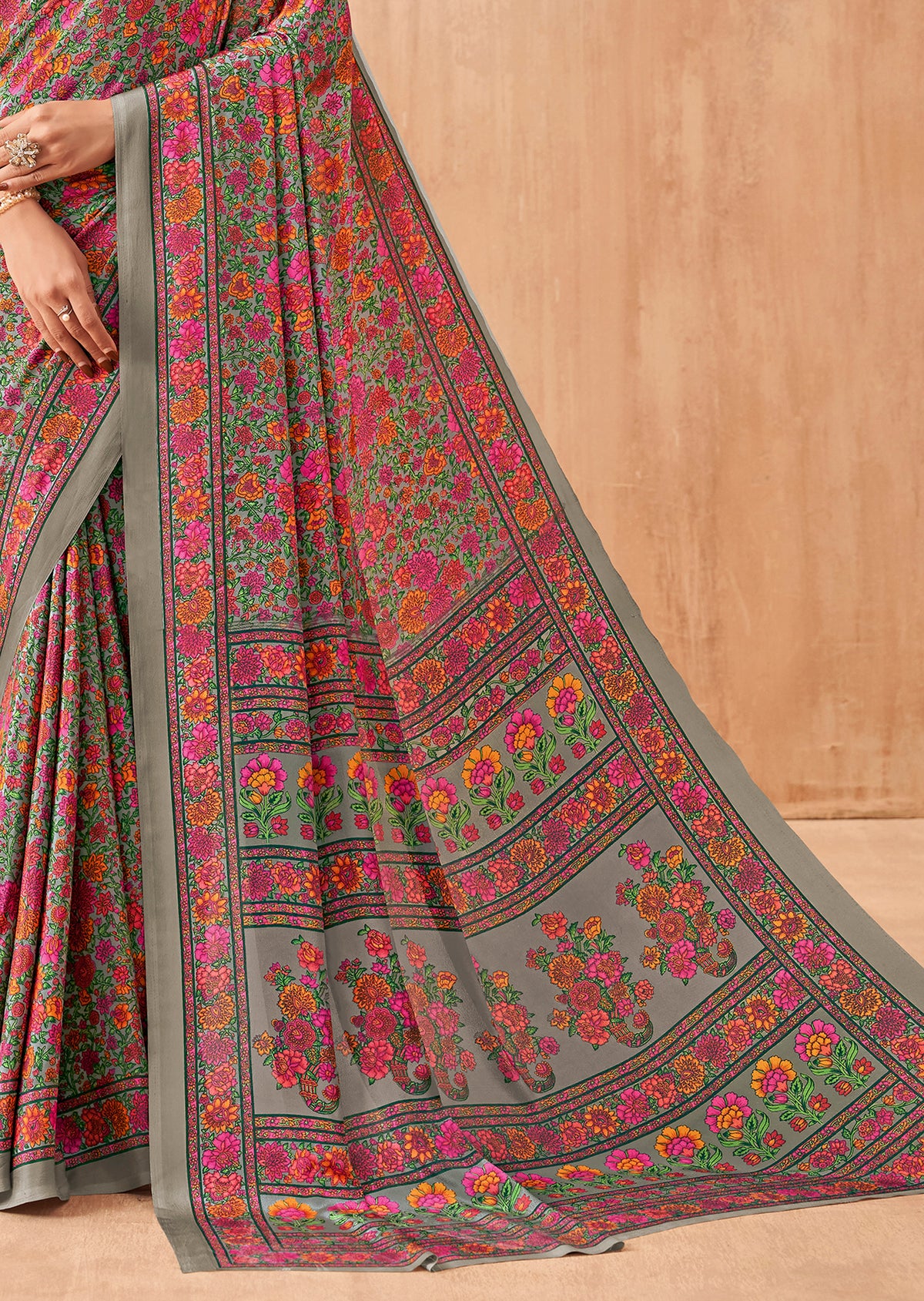Flower Multi-Coloured Printed, Pure Italian Crape Saree (Pink)