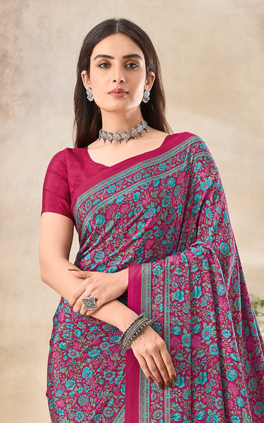 Flower Multi-Coloured Printed, Pure Italian Crape Saree (Pink)