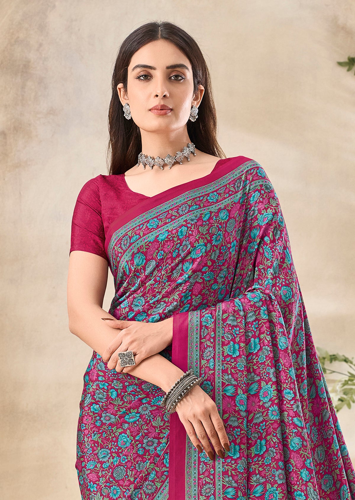 Flower Multi-Coloured Printed, Pure Italian Crape Saree (Pink)