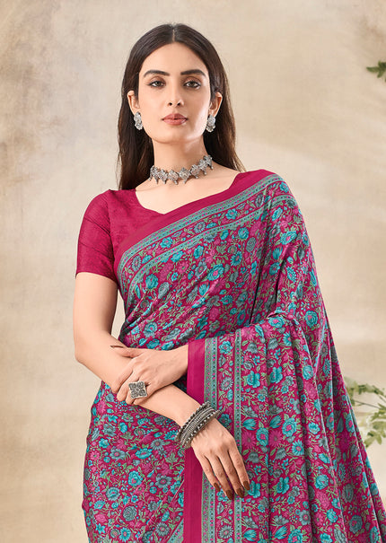 Flower Multi-Coloured Printed, Pure Italian Crape Saree (Pink)