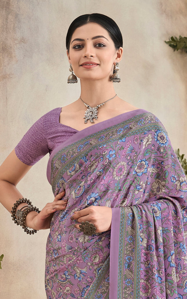 Flower Multi-Coloured Printed, Pure Italian Crape Saree (Lavender)