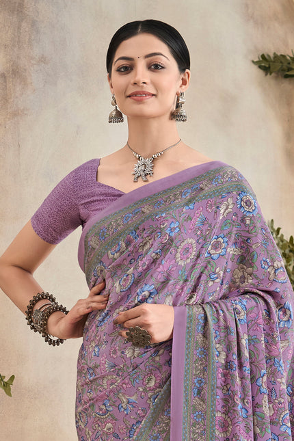 Flower Multi-Coloured Printed, Pure Italian Crape Saree (Lavender)
