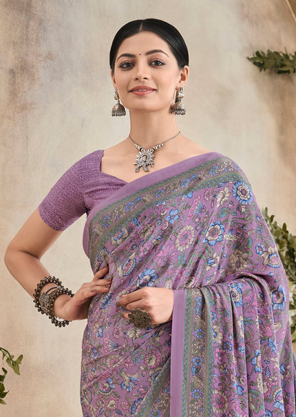 Flower Multi-Coloured Printed, Pure Italian Crape Saree (Lavender)