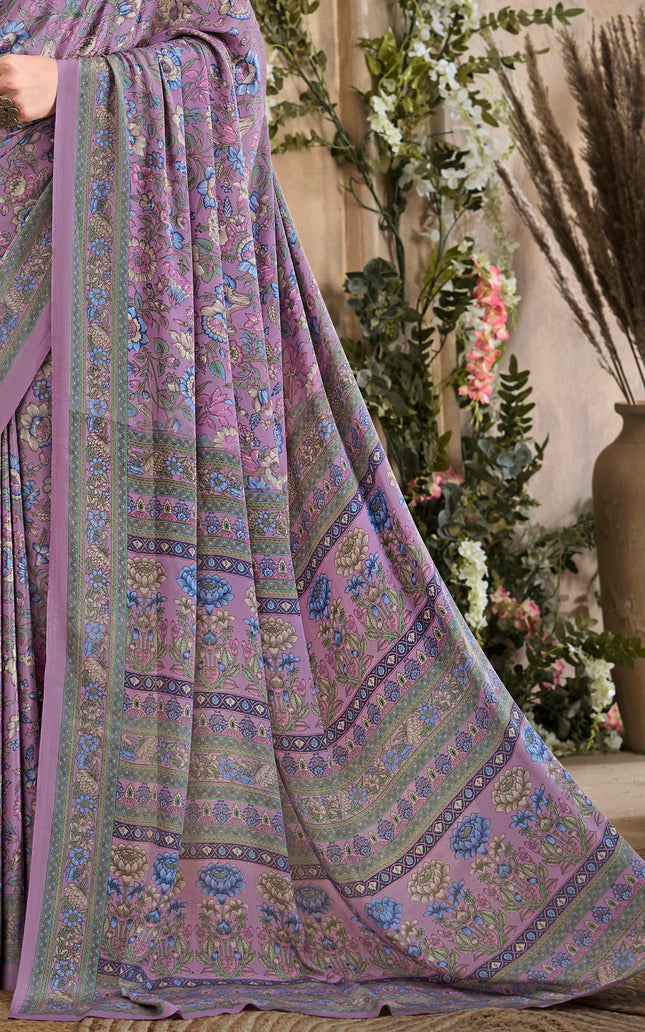 Flower Multi-Coloured Printed, Pure Italian Crape Saree (Lavender)