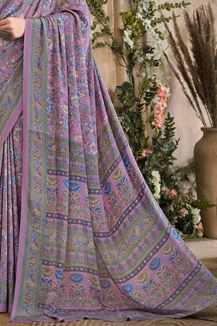 Flower Multi-Coloured Printed, Pure Italian Crape Saree (Lavender)