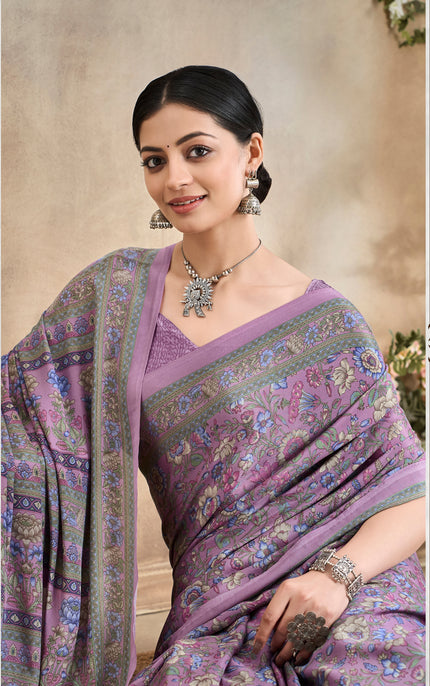 Flower Multi-Coloured Printed, Pure Italian Crape Saree (Lavender)