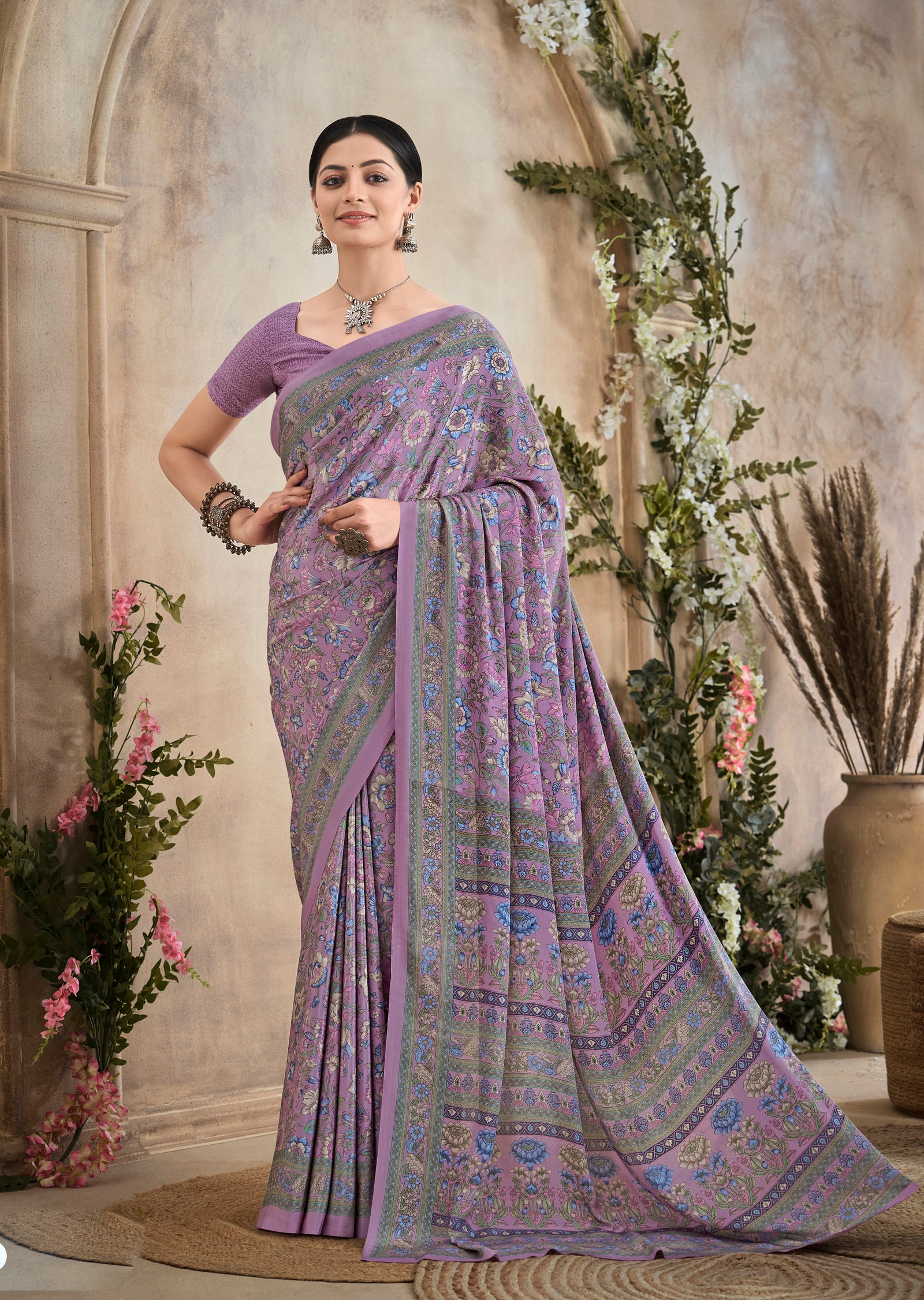 Flower Multi-Coloured Printed, Pure Italian Crape Saree (Lavender)
