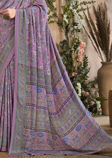 Flower Multi-Coloured Printed, Pure Italian Crape Saree (Lavender)
