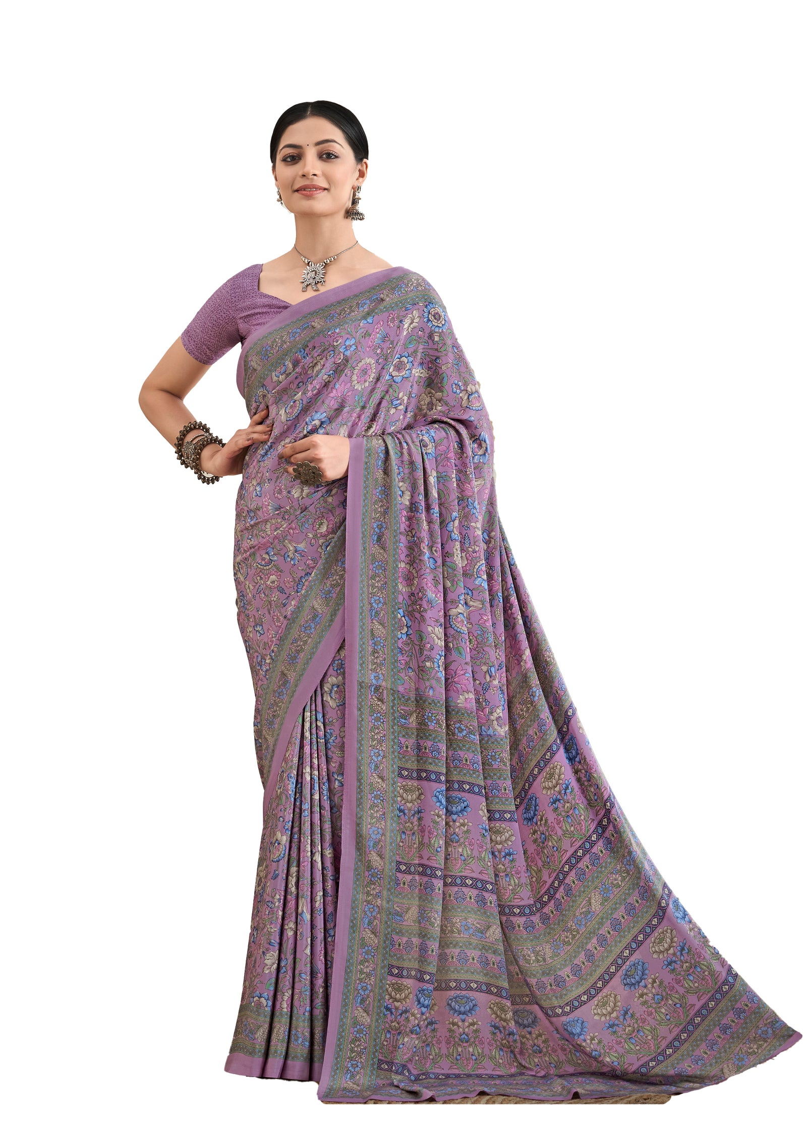 Flower Multi-Coloured Printed, Pure Italian Crape Saree (Lavender)