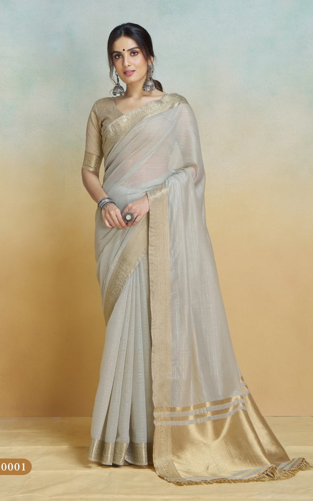 Banarasi Border, Pure Handloom Khadi silk, With Chit Pallu And Tassels (Silver)