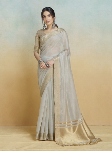 Banarasi Border, Pure Handloom Khadi Silk With Chit Pallu & Tassels (Silver)