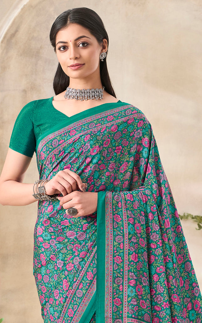 Flower Multi-Coloured Printed, Pure Italian Crape Saree (Teal)