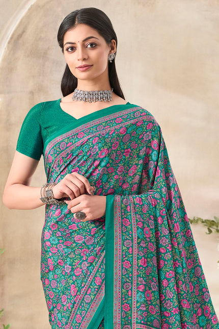 Flower Multi-Coloured Printed, Pure Italian Crape Saree (Teal)