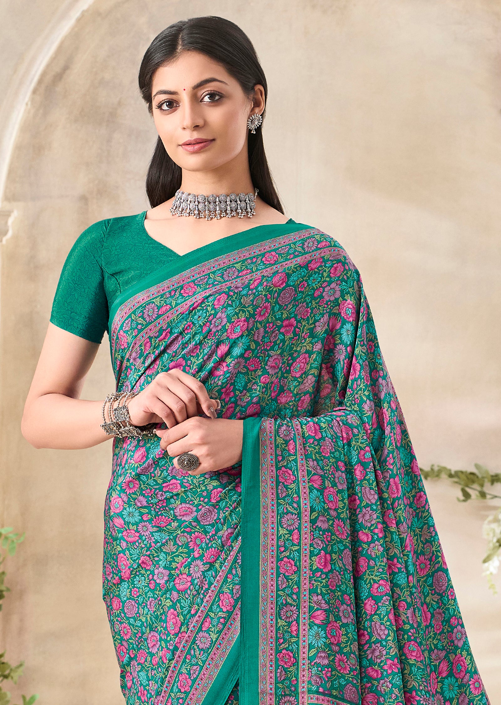 Flower Multi-Coloured Printed, Pure Italian Crape Saree (Teal)