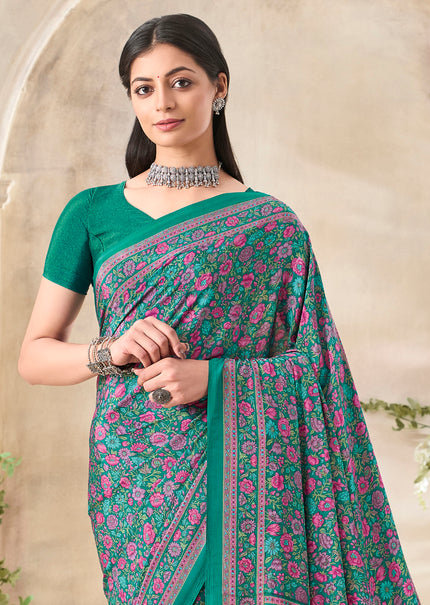 Flower Multi-Coloured Printed, Pure Italian Crape Saree (Teal)