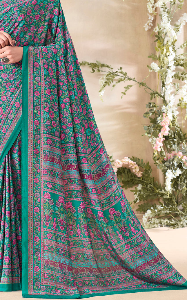 Flower Multi-Coloured Printed, Pure Italian Crape Saree (Teal)