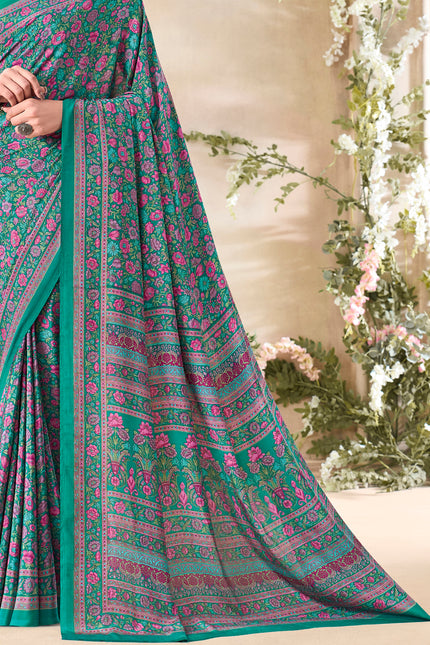Flower Multi-Coloured Printed, Pure Italian Crape Saree (Teal)
