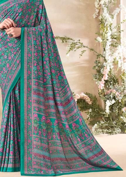 Flower Multi-Coloured Printed, Pure Italian Crape Saree (Teal)