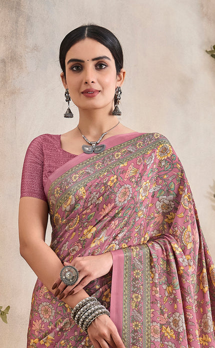 Flower Multi-Coloured Printed, Pure Italian Crape Saree (Pink)