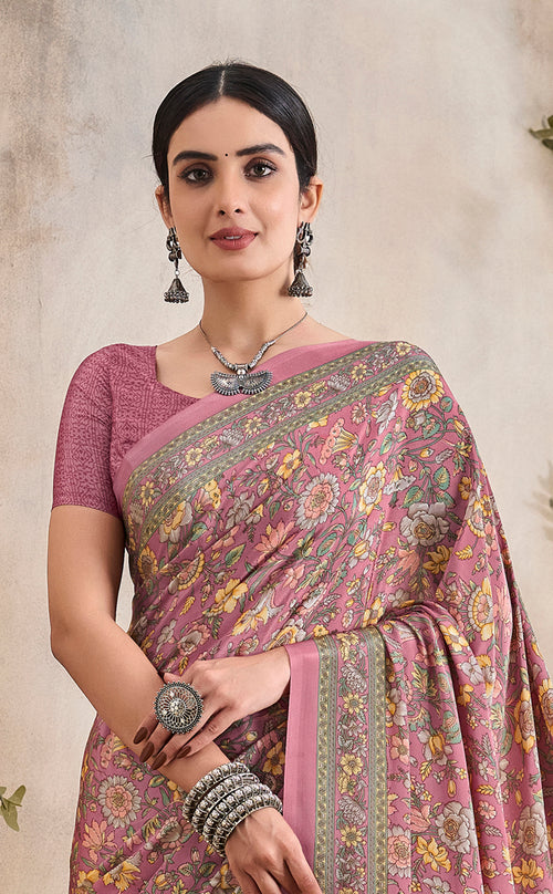 Flower Multi-Coloured Printed, Pure Italian Crape Saree (Pink)
