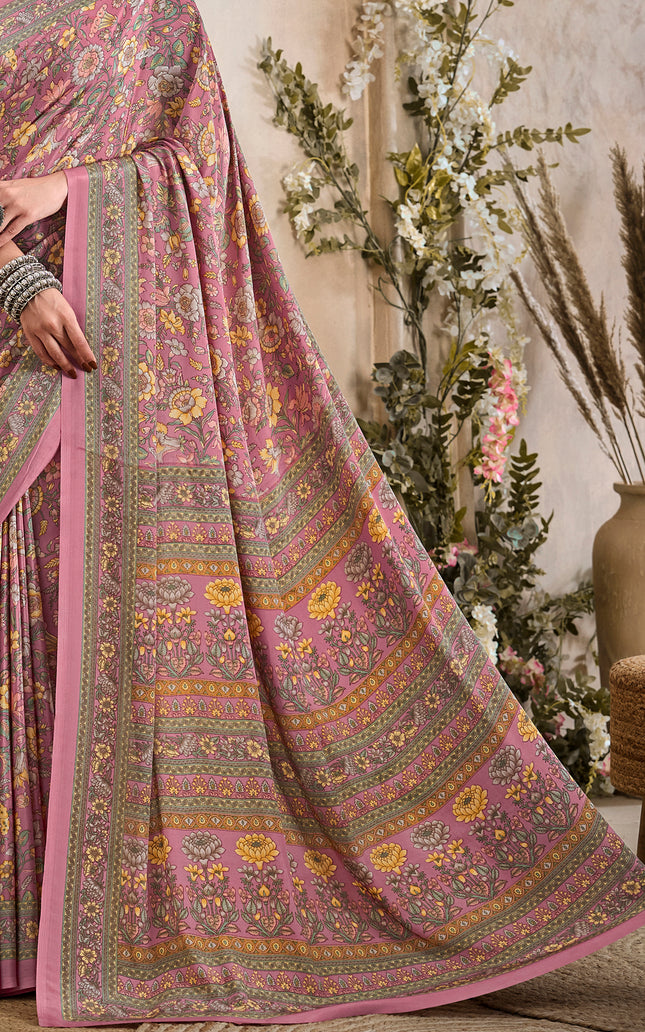 Flower Multi-Coloured Printed, Pure Italian Crape Saree (Pink)