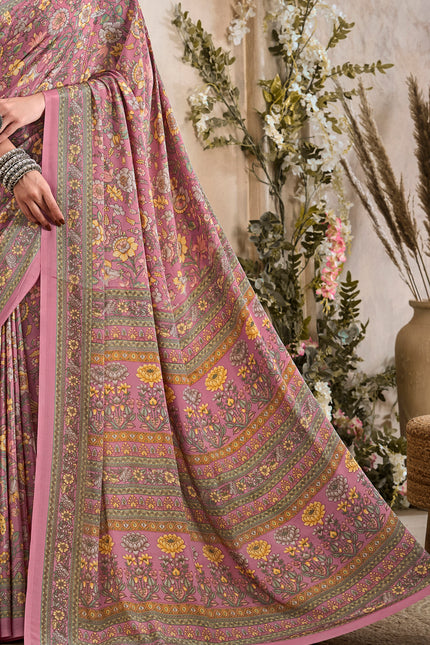 Flower Multi-Coloured Printed, Pure Italian Crape Saree (Pink)
