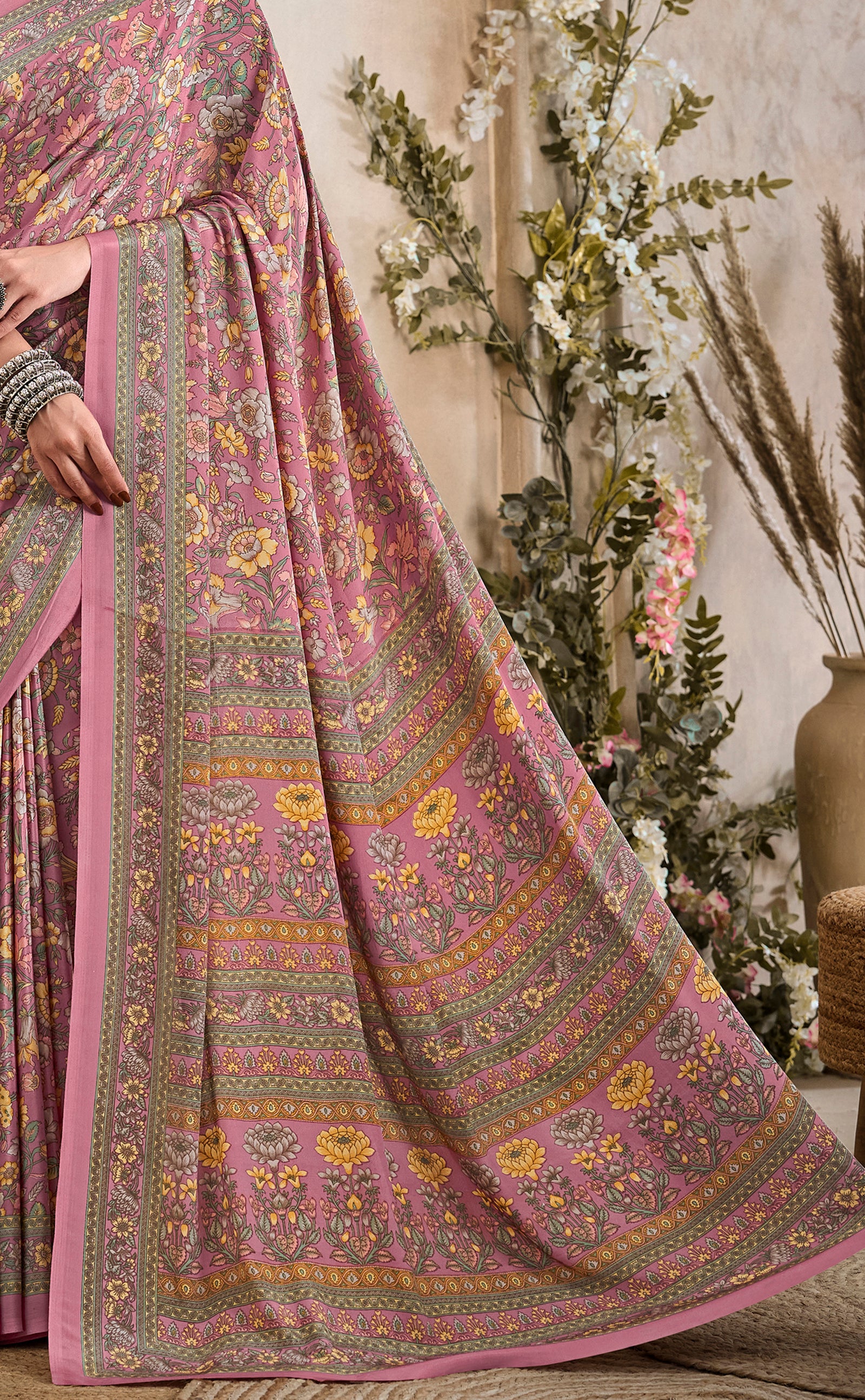 Flower Multi-Coloured Printed, Pure Italian Crape Saree (Pink)