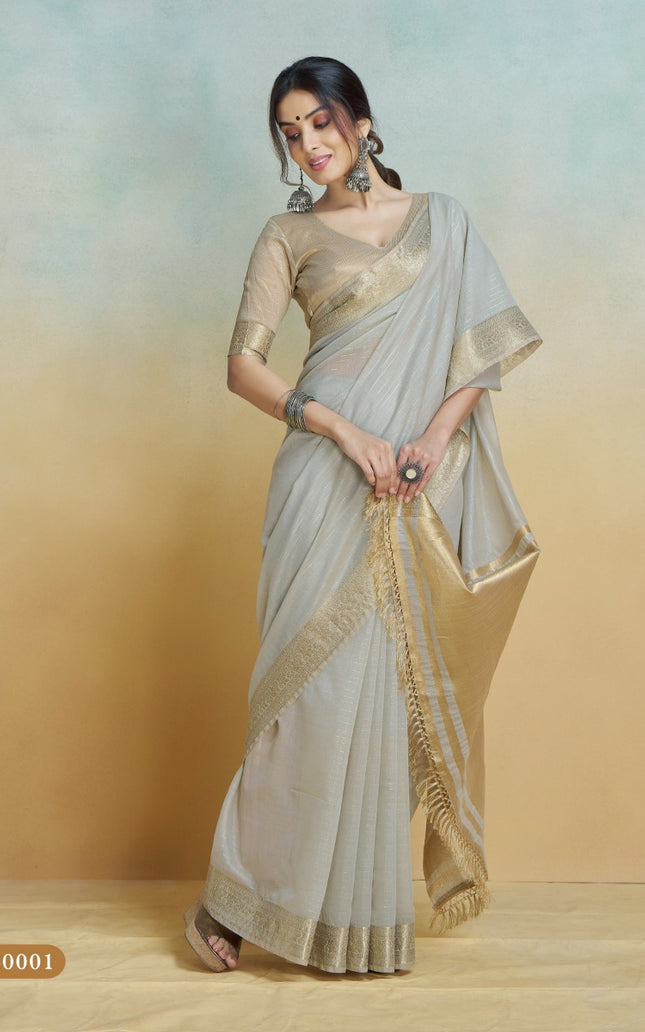 Banarasi Border, Pure Handloom Khadi silk, With Chit Pallu And Tassels (Silver)