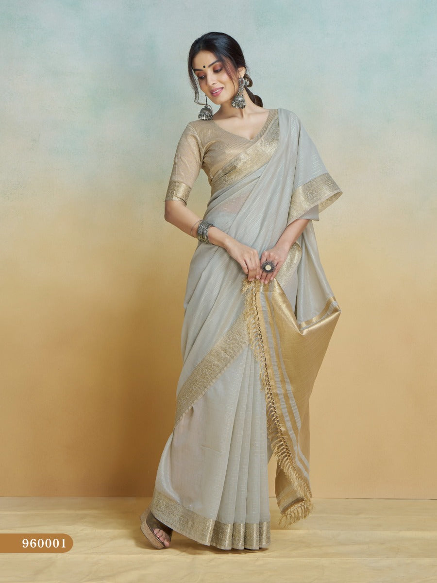 Banarasi Border, Pure Handloom Khadi Silk With Chit Pallu & Tassels (Silver)