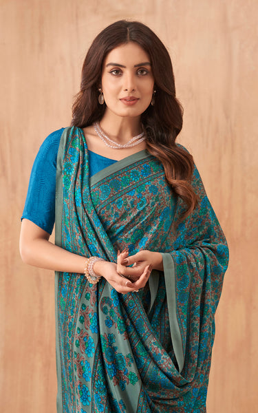 Flower Multi-Coloured Printed, Pure Italian Crape Saree (Blue)