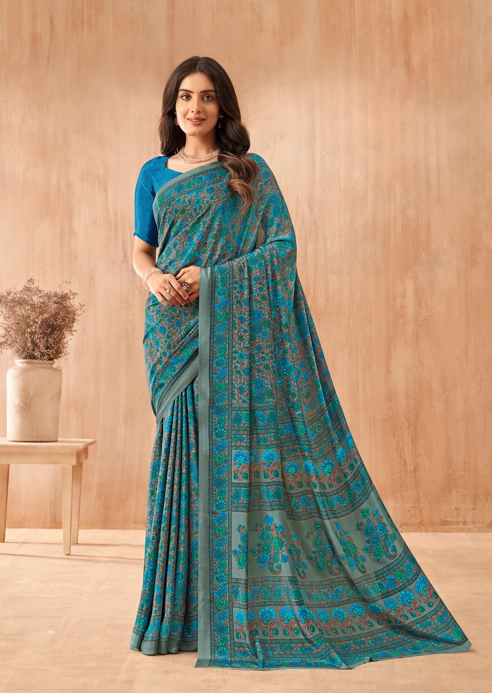 Flower Multi-Coloured Printed, Pure Italian Crape Saree (Blue)