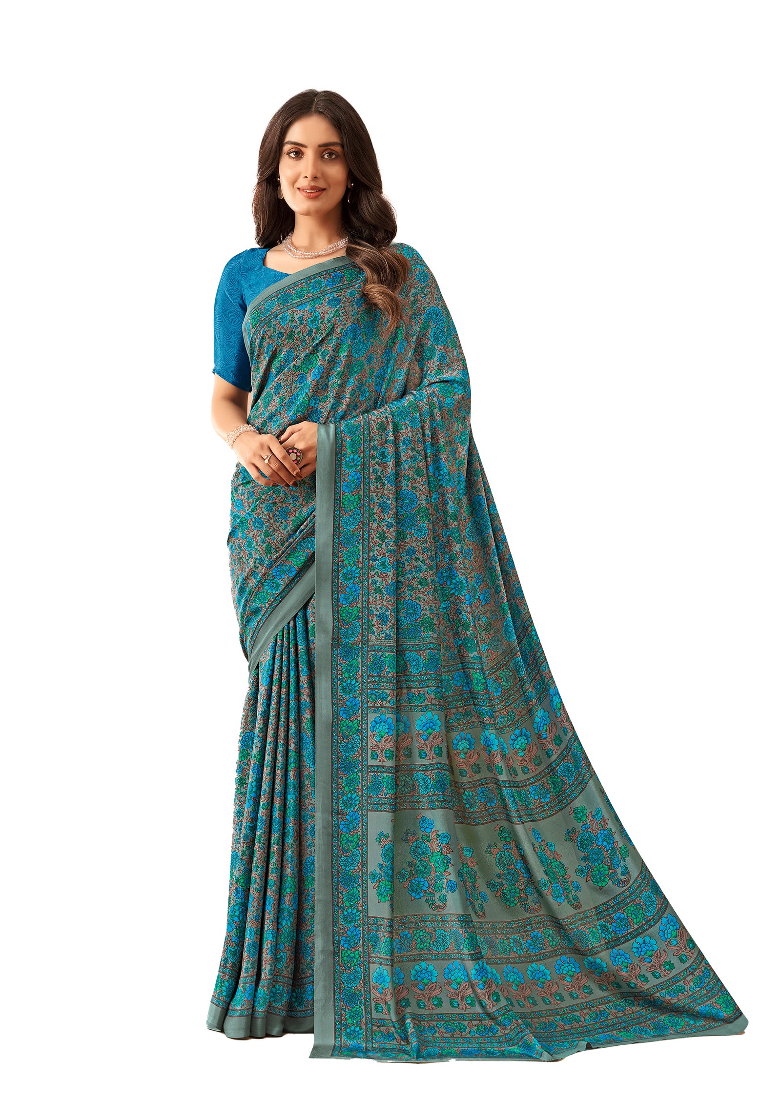 Flower Multi-Coloured Printed, Pure Italian Crape Saree (Blue)