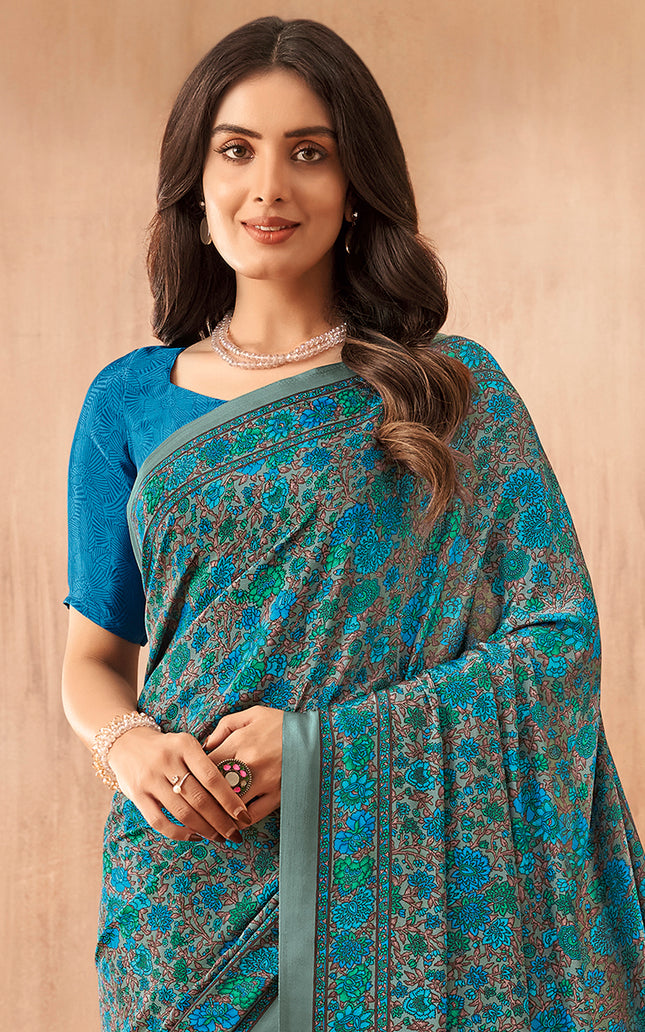 Flower Multi-Coloured Printed, Pure Italian Crape Saree (Blue)