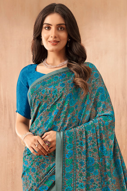 Flower Multi-Coloured Printed, Pure Italian Crape Saree (Blue)