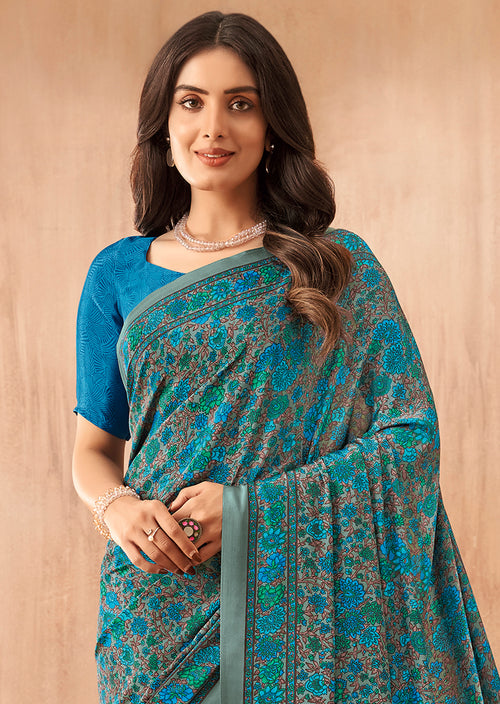 Flower Multi-Coloured Printed, Pure Italian Crape Saree (Blue)