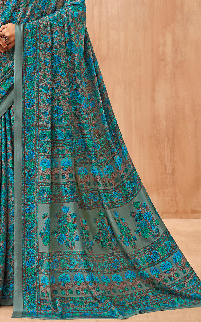 Flower Multi-Coloured Printed, Pure Italian Crape Saree (Blue)