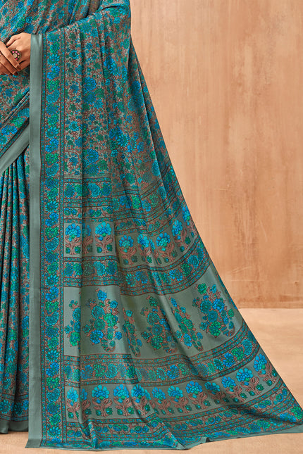 Flower Multi-Coloured Printed, Pure Italian Crape Saree (Blue)