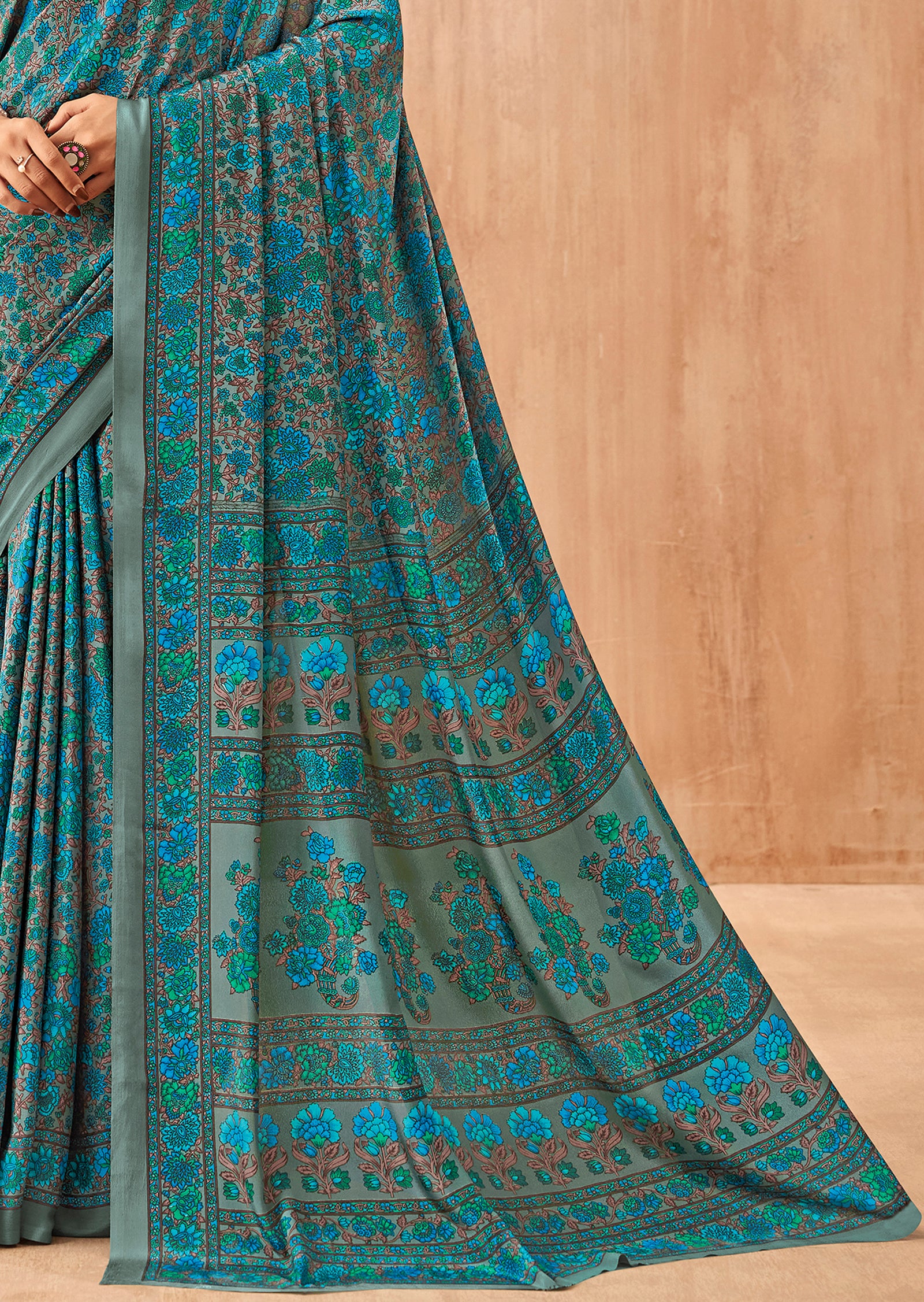 Multi-Coloured Flower Printed Pure Italian Crape Saree (Blue)