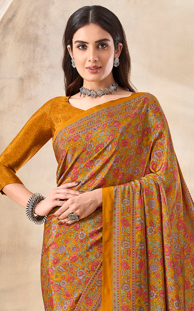 Flower Multi-Coloured Printed, Pure Italian Crape Saree (Yellow)