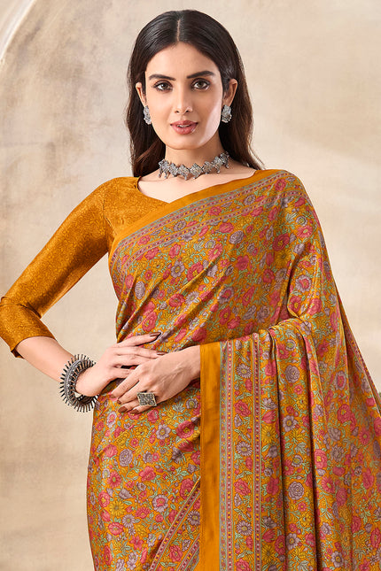 Flower Multi-Coloured Printed, Pure Italian Crape Saree (Yellow)