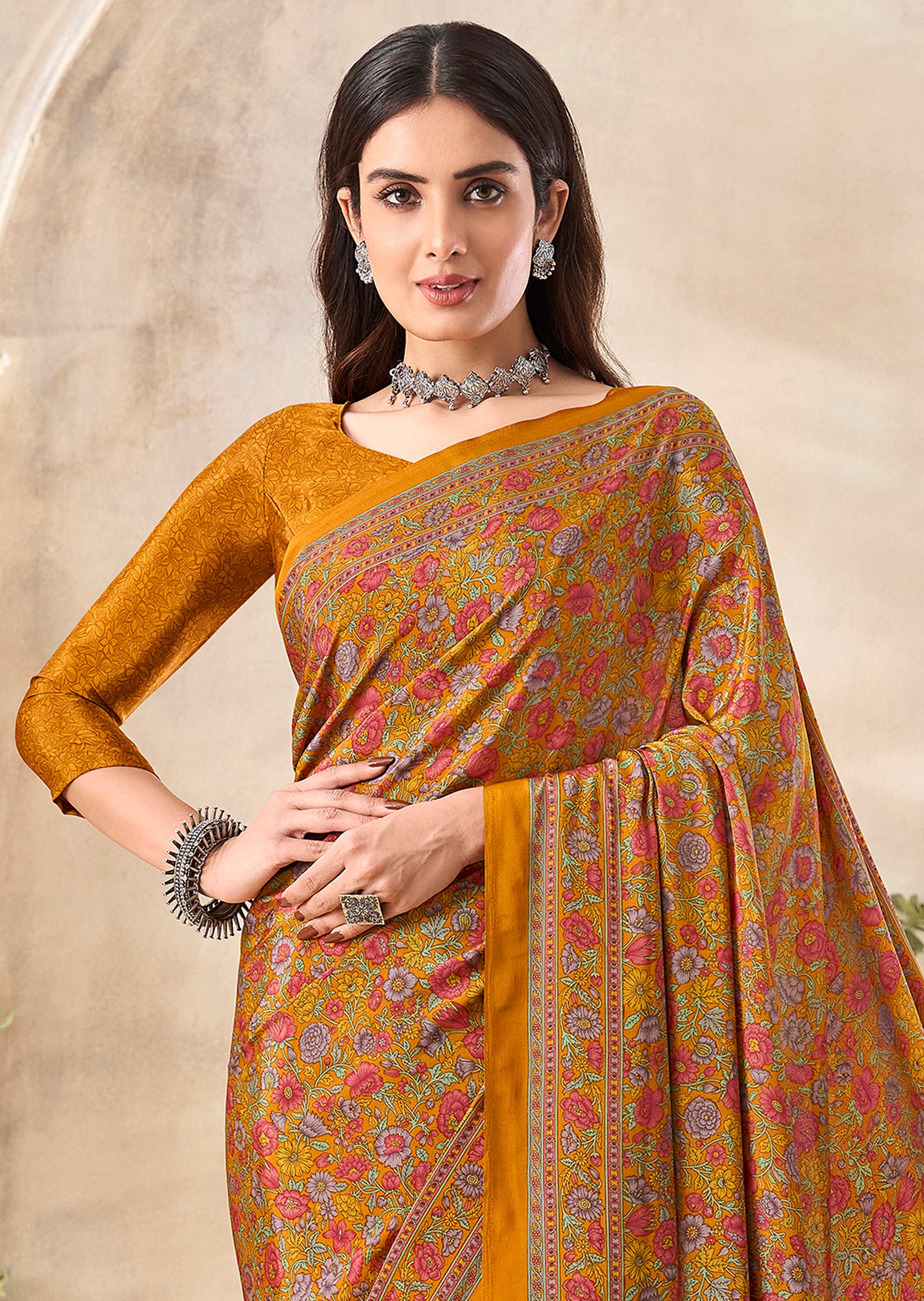 Flower Multi-Coloured Printed, Pure Italian Crape Saree (Yellow)