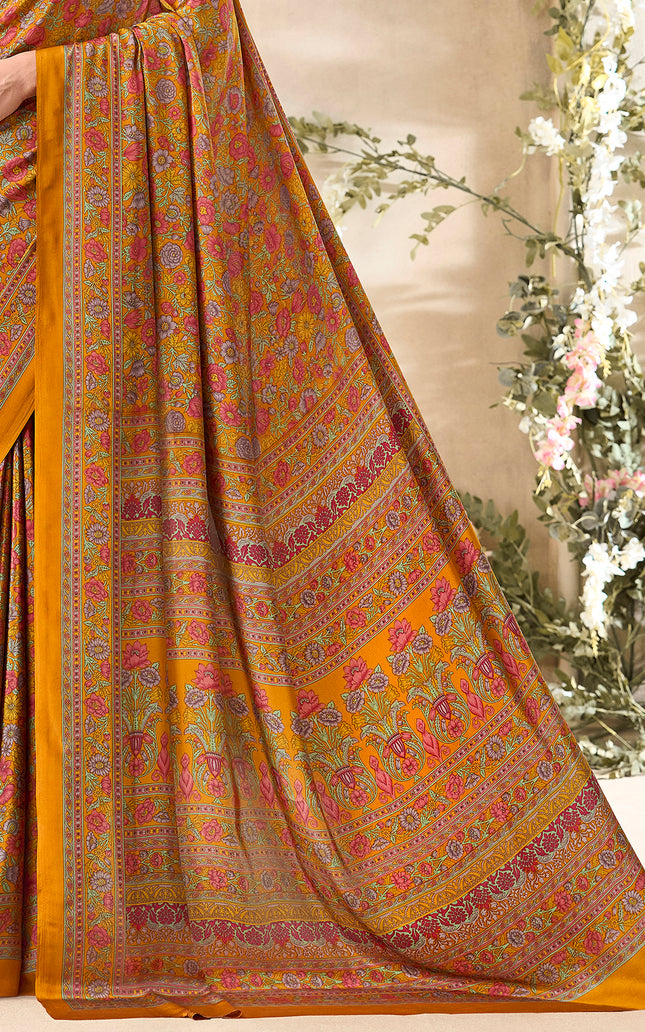 Flower Multi-Coloured Printed, Pure Italian Crape Saree (Yellow)