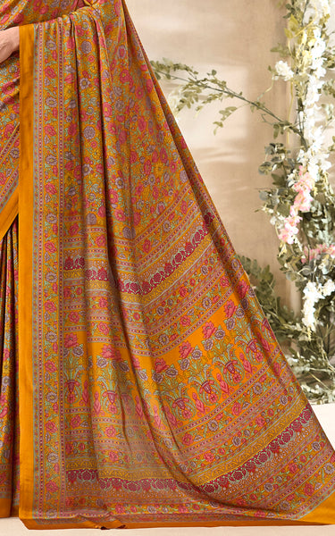 Flower Multi-Coloured Printed, Pure Italian Crape Saree (Yellow)