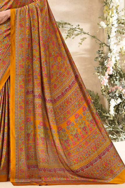 Flower Multi-Coloured Printed, Pure Italian Crape Saree (Yellow)