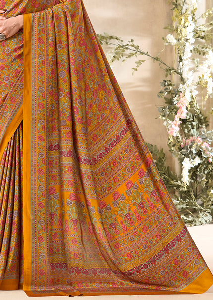 Flower Multi-Coloured Printed, Pure Italian Crape Saree (Yellow)