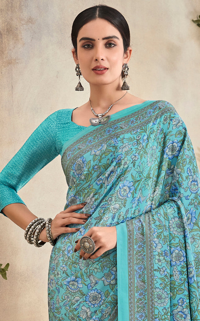 Flower Multi-Coloured Printed, Pure Italian Crape Saree (Auqa Blue)