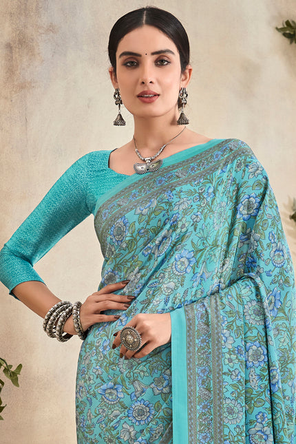 Flower Multi-Coloured Printed, Pure Italian Crape Saree (Auqa Blue)