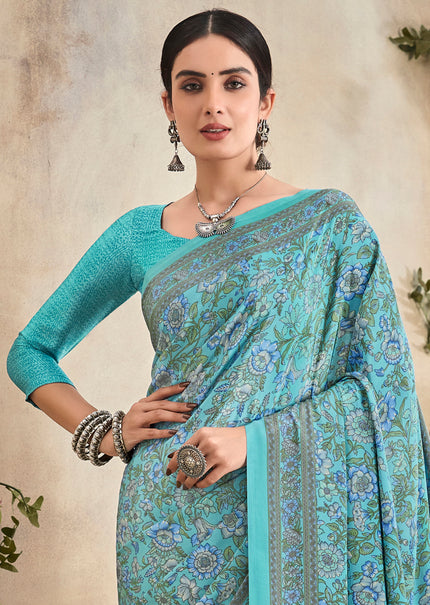 Flower Multi-Coloured Printed, Pure Italian Crape Saree (Auqa Blue)